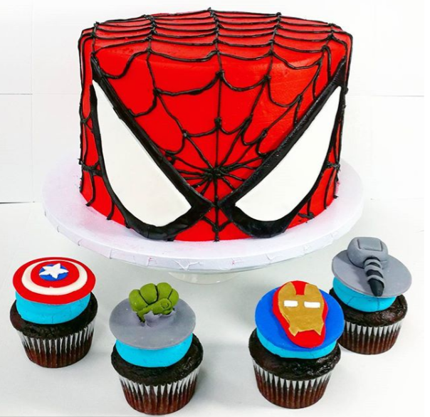 Spiderman cake, Captain America shied cupcake, hulk hand smashing cupcake, Iron Man mask cupcake, Thor's hammer cupcake